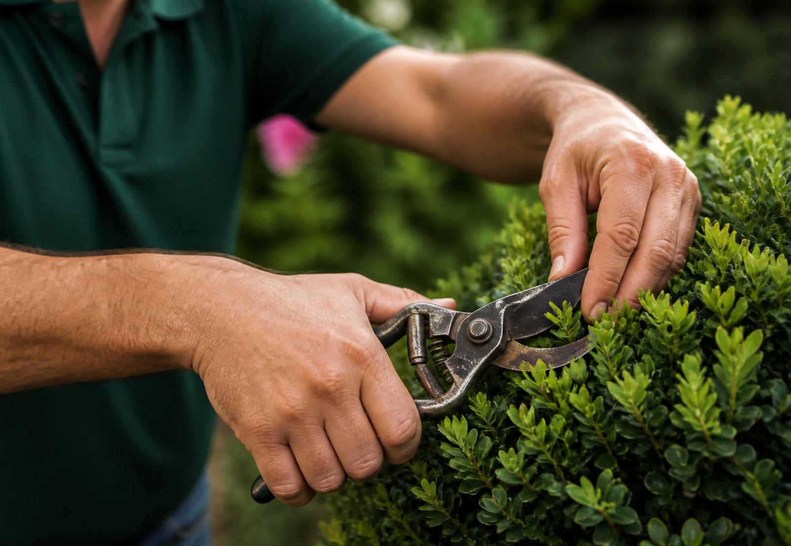 A gardener carefully pruning a shrub with secateurs
