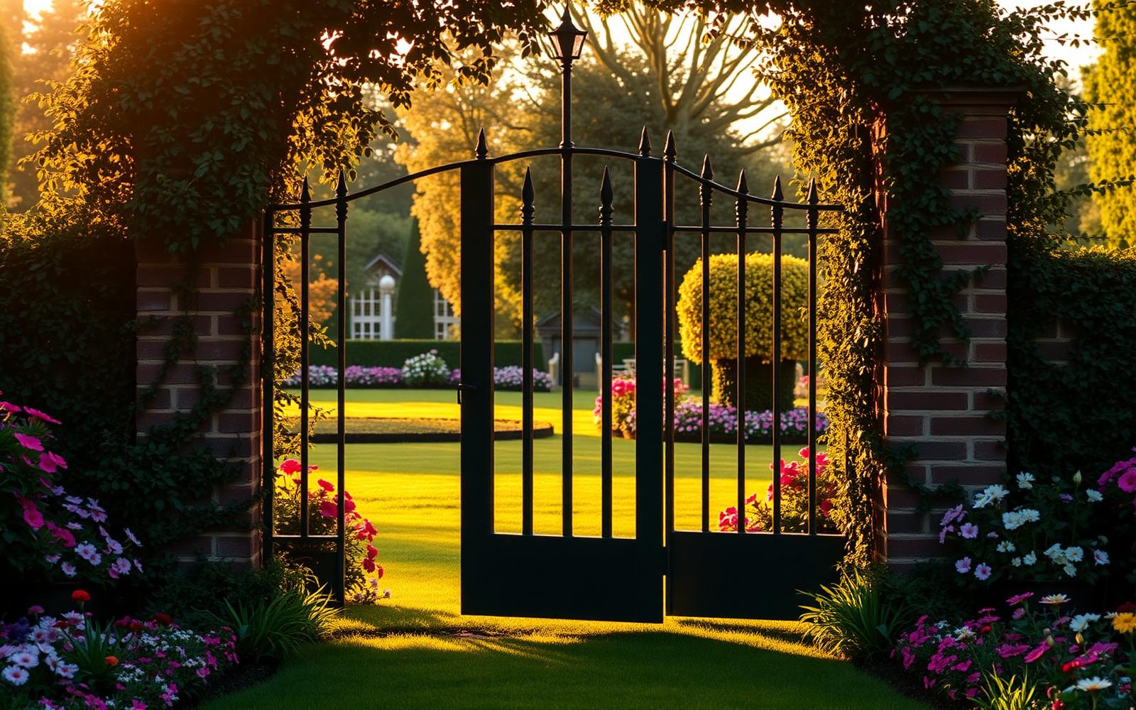 A garden gate opening onto a beautifully kept lawn