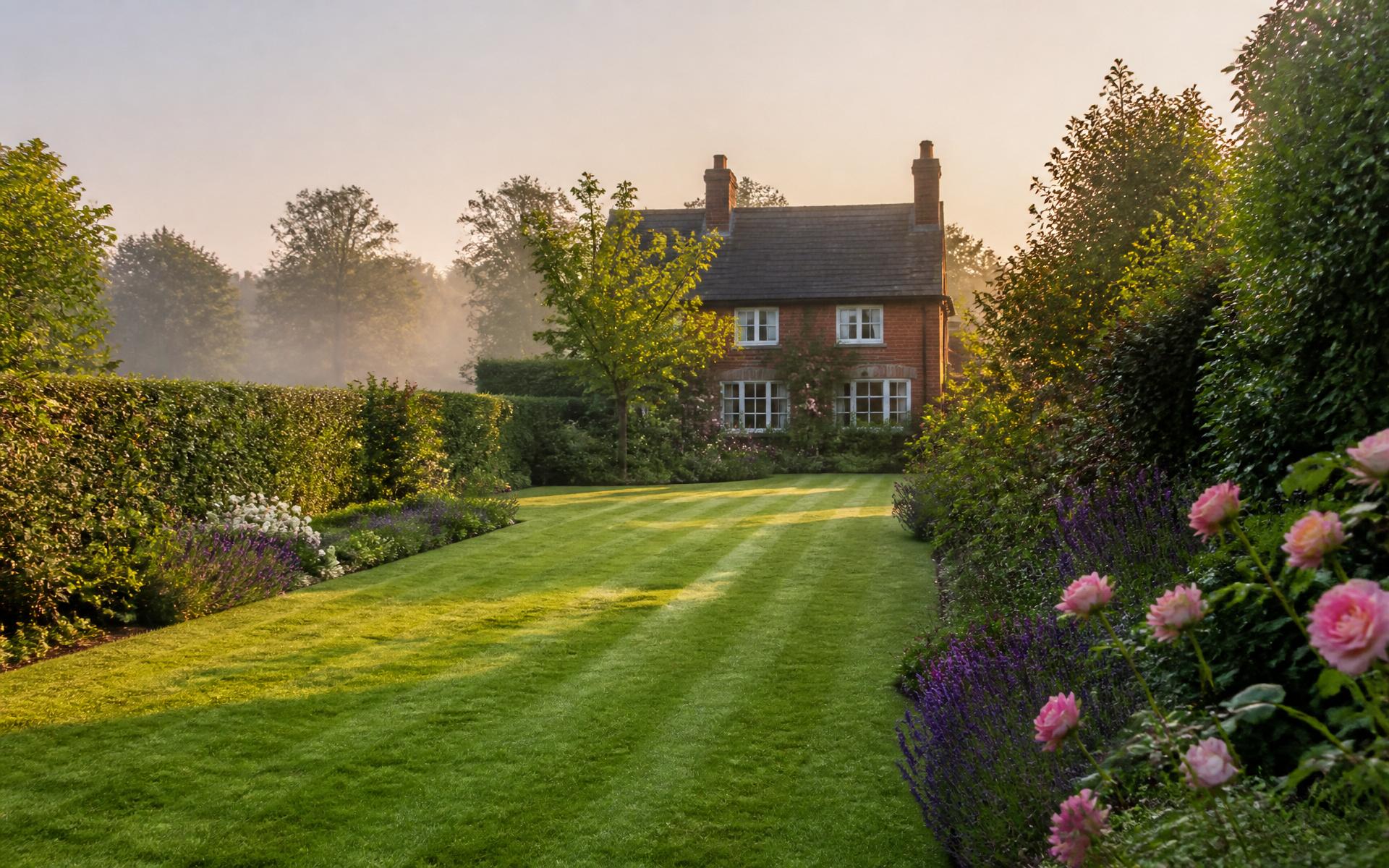A beautifully maintained British cottage garden with striped lawn and colourful borders at sunrise
