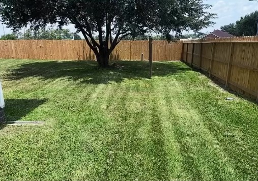 Big back lawn, striped and level — after Louis finished